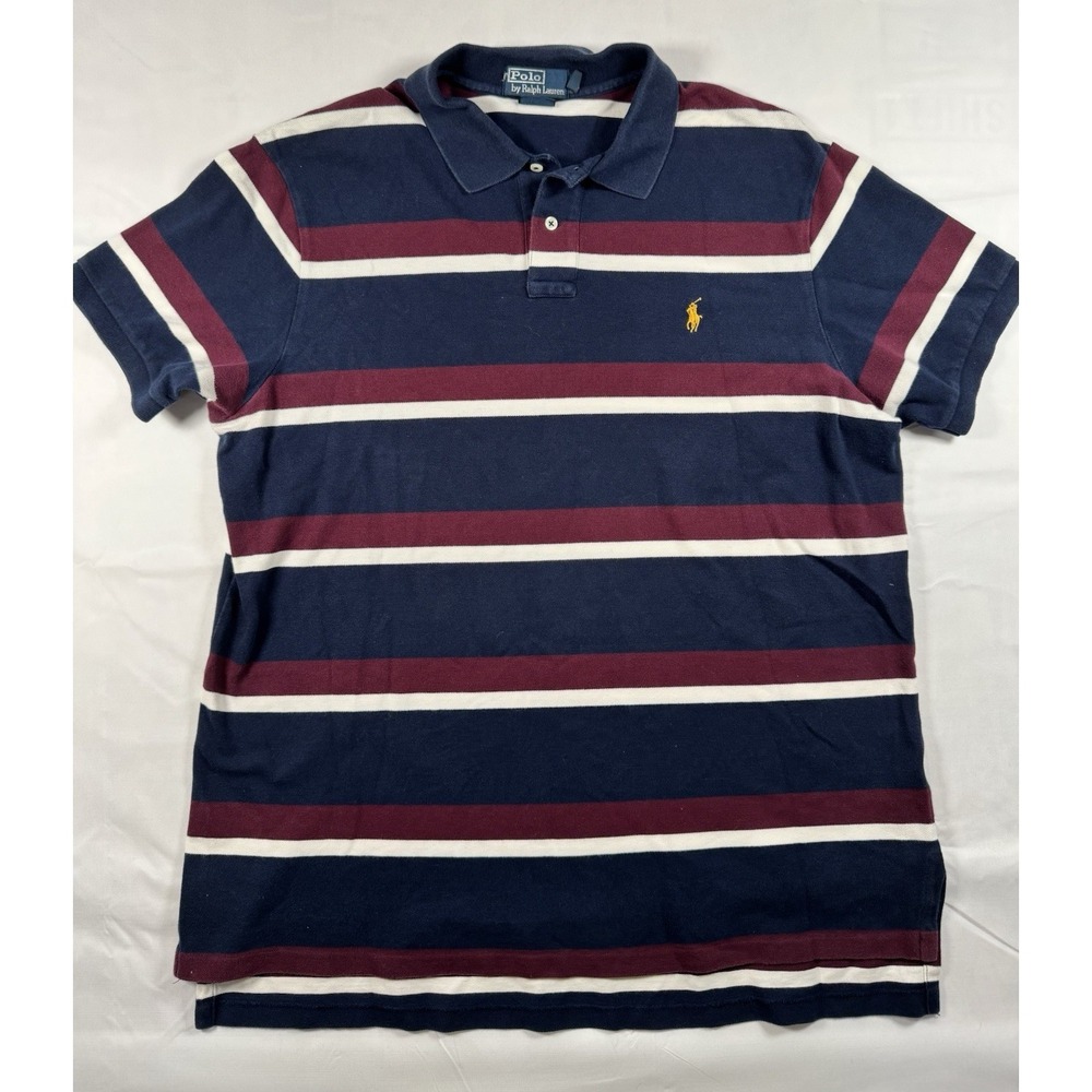 Polo Ralph Lauren XL Custom Fit Big Pony Striped Rugby Polo Navy Burgundy‎ Cream